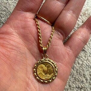 Japanese Great Wave 999.9 Fine Gold Pendant Necklace, 18" rope chain, from Tokyo